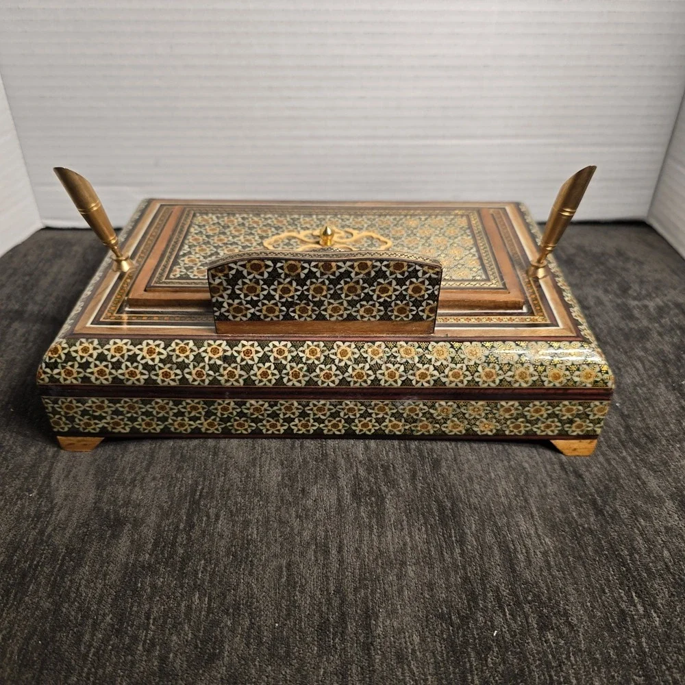 Handcrafted Inlay Desk Organizer Persian Khatam Marquetry Pen Card Holder Box